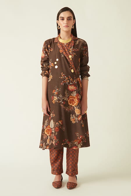 Payal Pratap_Brown Cupro Linen Printed Floral Kawah Straight Pant  _Online_at_Aza_Fashions