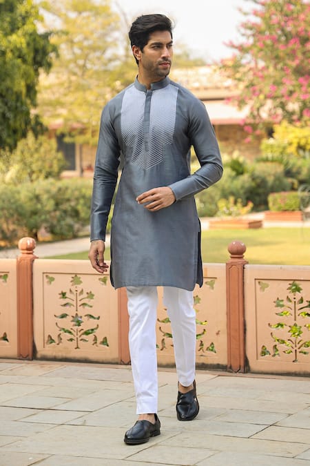 Raw & Rustic By Niti Bothra_Grey Chanderi, Silk Embroidery Ombre Banarasi Kurta _Online_at_Aza_Fashions