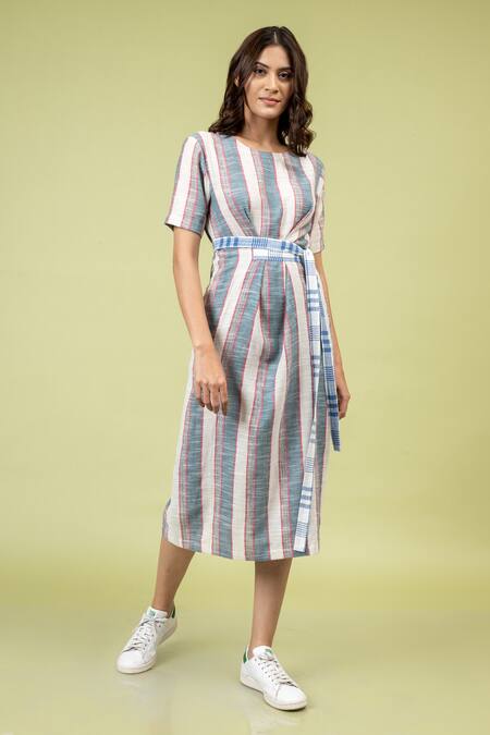 Doodlage_Multi Color Upcycled Cotton Striped Round Sue Dress_Online_at_Aza_Fashions