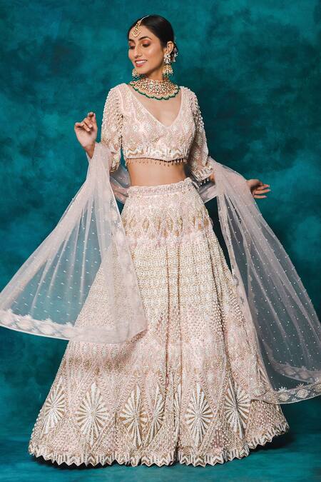 Mehar_Pink Net Pearls, Stones V-neck And Hand Embroidered Bridal Lehenga Set _Online_at_Aza_Fashions