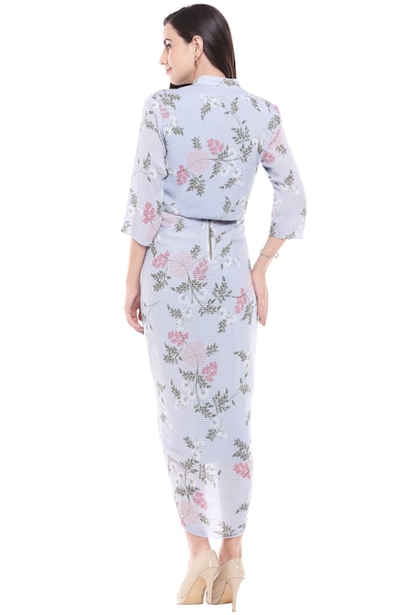 Shop Soup By Sougat Paul Blue Chiffon, Sequin Fabric Dress Round Jacket Band Collar Draped With at Aza Fashions Shop_Soup By Sougat Paul_Blue Chiffon, Sequin Fabric Dress Round Jacket Band Collar Draped With _at_Aza_Fashions