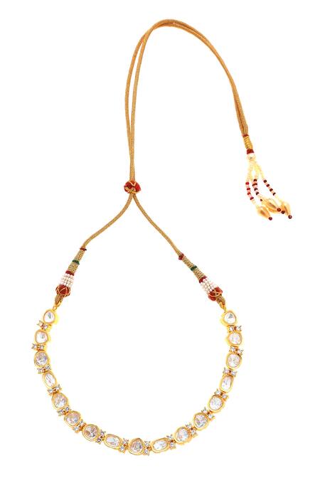 Minaki Gold Plated Zari, Gota Patti, Diamonds Zircon Embellished Necklace Set Online at Aza Fashions Minaki_Gold Plated Zari, Gota Patti, Diamonds Zircon Embellished Necklace Set _Online_at_Aza_Fashions