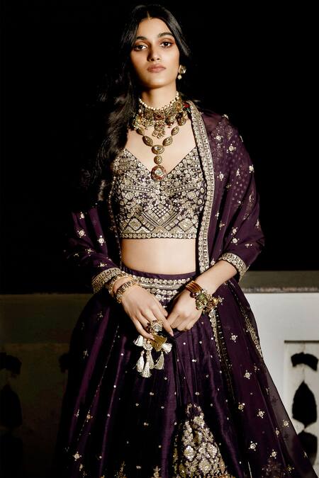 Matsya_Purple Silk, Georgette Zari, Embroidery, Royal Matsya Bridal Lehenga Set_Online_at_Aza_Fashions