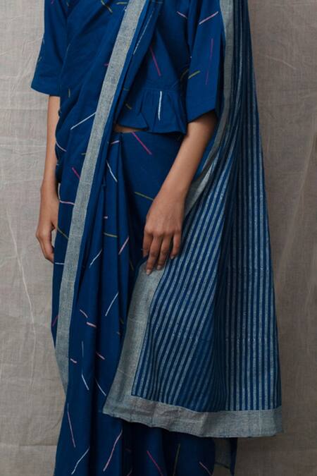 Banana Labs Blue Cotton Sprinkle Round Neck Geometric Stripe Print Saree With Crop Top Online at Aza Fashions Banana Labs_Blue Cotton Sprinkle Round Neck Geometric Stripe Print Saree With Crop Top _Online_at_Aza_Fashions