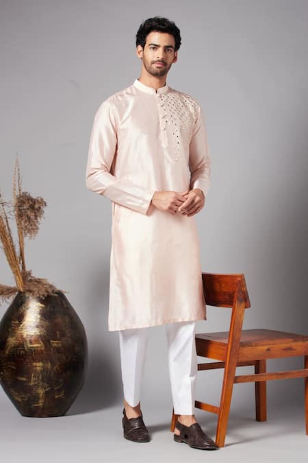 Hilo Design_Peach Cotton, Lycra, Silk Mirrors Rooyi Placement Embroidered Kurta Set _Online_at_Aza_Fashions