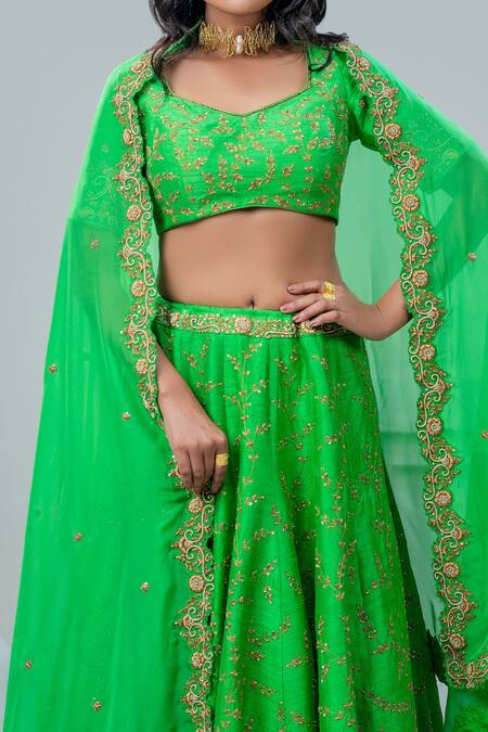 Nautanky_Green Silk, Organza Embroidery Sweetheart Neck Raw Lehenga Set _Online_at_Aza_Fashions
