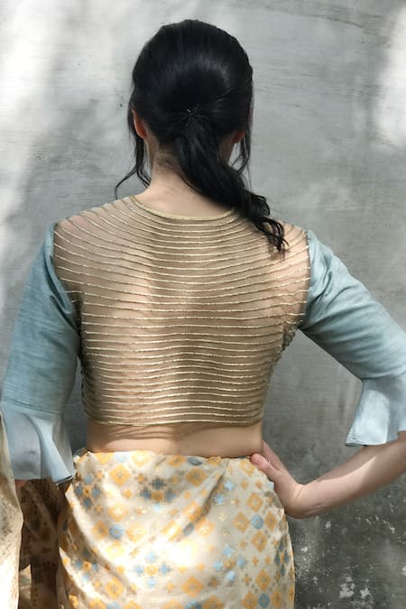 I Am Design_Green Raw Silk Floral And Kantha Embroidery Round Placement Crop Top _Online_at_Aza_Fashions