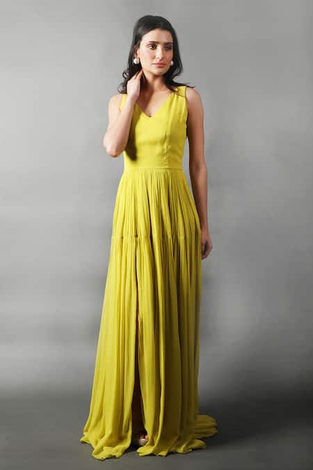 Swatee Singh Yellow Georgette V-neck Pleated And Flared Gown Online at Aza Fashions Swatee Singh_Yellow Georgette V-neck Pleated And Flared Gown _Online_at_Aza_Fashions