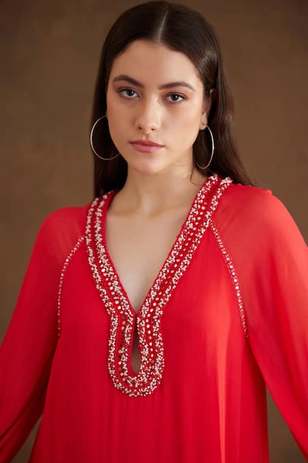 Nikasha_Coral Viscose, Georgette Beads, Mirrors Keyhole Neck Embroidered Yoke Dress _Online_at_Aza_Fashions
