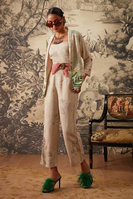 Kalista Grey Cotton Embroidery Shawl Neck Botanical Print Blazer And Pant Set Online at Aza Fashions Kalista_Grey Cotton Embroidery Shawl Neck Botanical Print Blazer And Pant Set _Online_at_Aza_Fashions