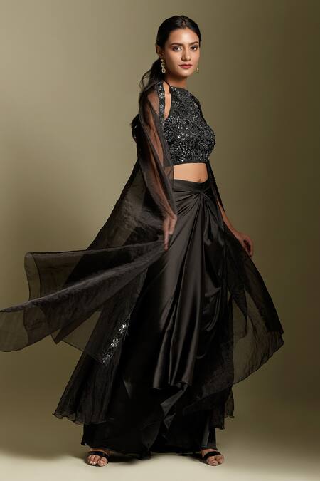 Two Sisters By Gyans_Black Organza, Skirt Satin Sequin, Cut Dana, Pearls And Embellished Draped Set _Online_at_Aza_Fashions