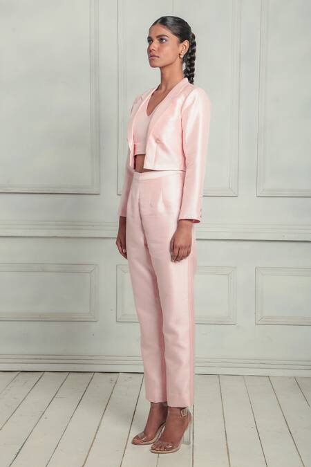 Couché By Anandini_Pink Tussar Collared Tussord Tweed Solid Jacket Pant Set _Online_at_Aza_Fashions