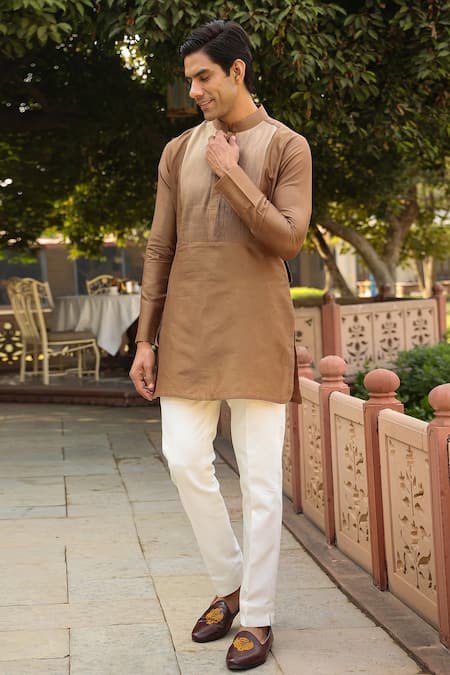 Raw & Rustic By Niti Bothra_Brown Chanderi Silk Embroidery Banarasi Short Kurta _Online_at_Aza_Fashions