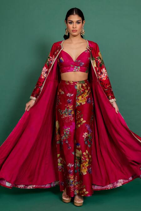 Varun Bahl_Fuchsia Chanderi Lace, Cut Work, Floral Print Anarkali Jacket And Pant Set _Online_at_Aza_Fashions