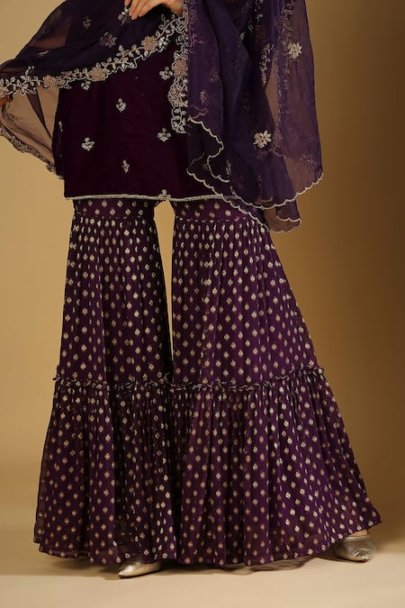 Buy_Monk & Mei By Sonia Anand_Purple Velvet, Georgette, Organza Embroidery, Cyra Floral Kurta Sharara Set _Online_at_Aza_Fashions