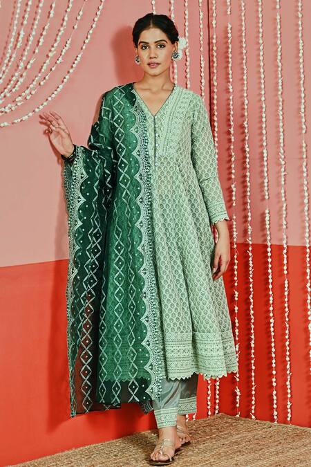 Myaara_Green Georgette, Organza, Cotton Embroidery V-neck Floral Anarkali Set_Online_at_Aza_Fashions
