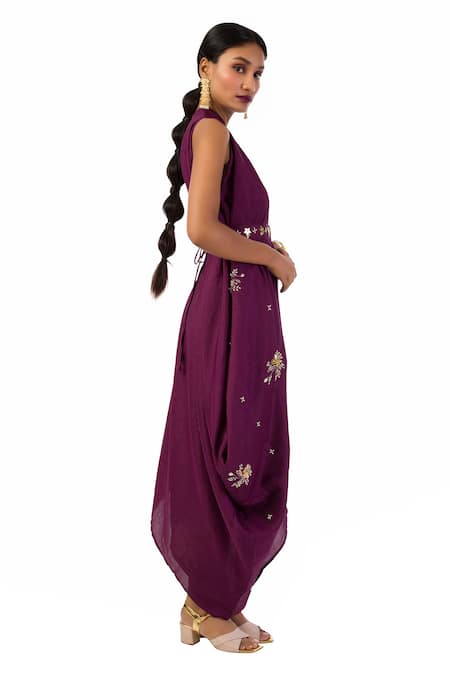 Meghna Shah_Wine Denim Beads, Sequins, Mirrors, Embroidery, Cut One Shoulder Draped Dress _Online_at_Aza_Fashions