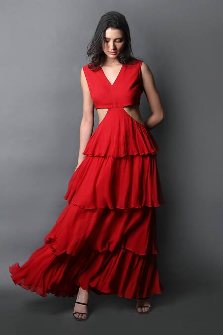 Swatee Singh_Red Georgette V-neck Solid Ruffle Tiered Dress _Online_at_Aza_Fashions