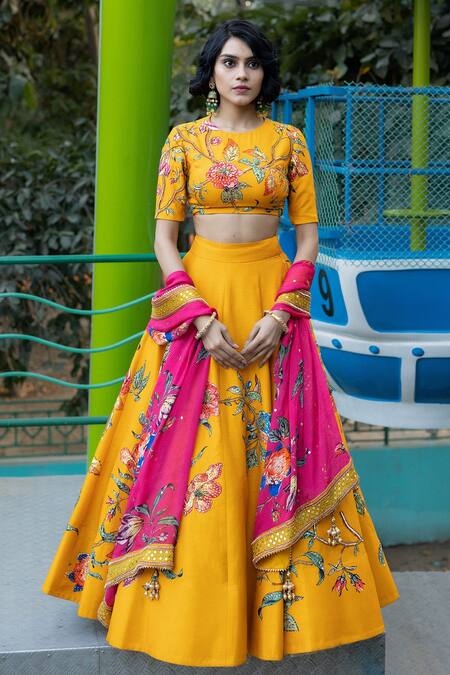Irrau By Samir Mantri Yellow Chiffon Embroidery Round Neck Floral Vine Lehenga Set Online at Aza Fashions Irrau By Samir Mantri_Yellow Chiffon Embroidery Round Neck Floral Vine Lehenga Set _Online_at_Aza_Fashions