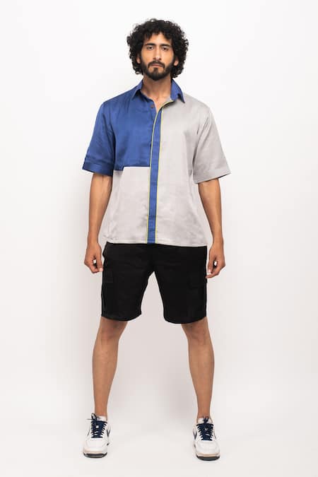 Neora By Nehal Chopra Blue Placement Colour Block Shirt Online at Aza Fashions Neora By Nehal Chopra_Blue Placement Colour Block Shirt _Online_at_Aza_Fashions