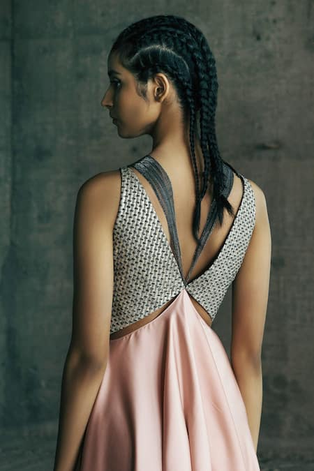 Akhl_Pink Satin, Viscose Embroidery V-neck Angular Fall Dress_Online_at_Aza_Fashions