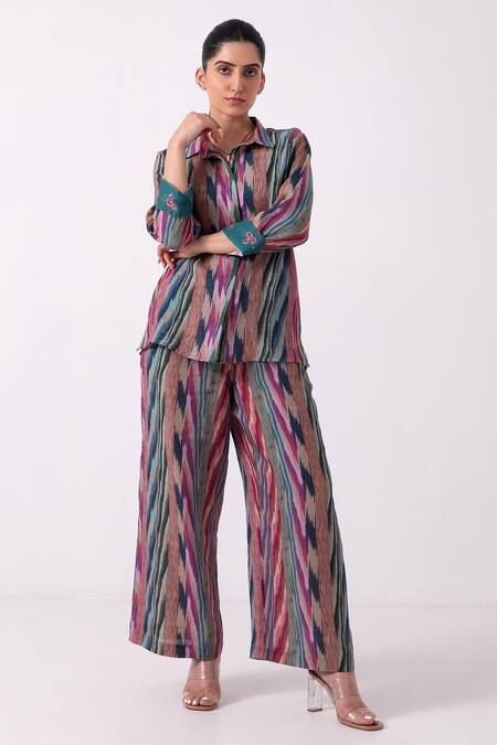 Label Shreya Sharma Multi Color Linen Collared Ikat Print Jacket With Pant Online at Aza Fashions Label Shreya Sharma_Multi Color Linen Collared Ikat Print Jacket With Pant_Online_at_Aza_Fashions