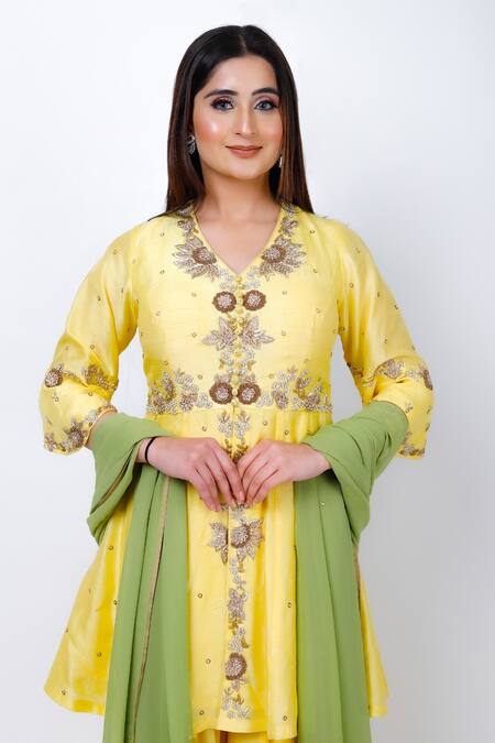 Geetika Jain_Yellow Silk, Georgette Embroidery, Diamonds Dabka Peplum Kurta Sharara Set _Online_at_Aza_Fashions