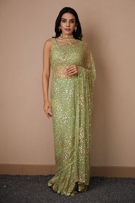 Buy Green Net Embroidered Nakshi Scoop Neck Sequin Saree With Blouse For  Women by Astha Narang Online at Aza Fashions.