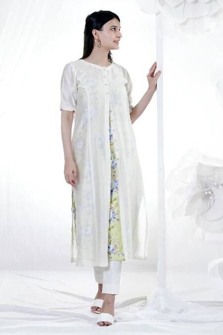 House Of TA-YA_Off White Chanderi, Cotton, Lycra Round Neck Shirt Pant Set _Online_at_Aza_Fashions
