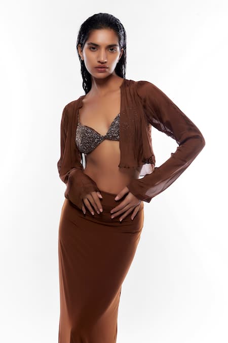 Deme By Gabriella_Brown Chiffon, Denim Beads Sweetheart Neck Cropped Cover Up And Fitted Skirt Set _Online_at_Aza_Fashions