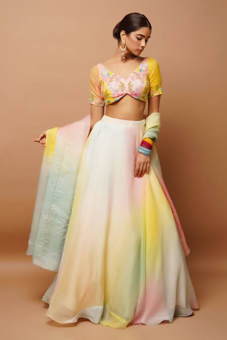 Ahi Clothing Multi Color Organza, Cotton Embroidery, Tassels, Pastel Painted Lehenga Set Online at Aza Fashions Ahi Clothing_Multi Color Organza, Cotton Embroidery, Tassels, Pastel Painted Lehenga Set _Online_at_Aza_Fashions
