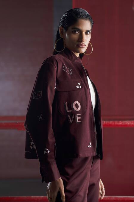 Pocketful Of Cherrie_Purple Cotton Embroidery Mandarin Collar Thread Bomber Jacket_Online_at_Aza_Fashions