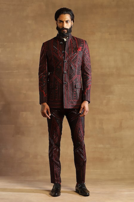 Raghavendra Rathore Jodhpur_Black Raw Silk Geometric Pattern Bandhgala Jacket_Online_at_Aza_Fashions