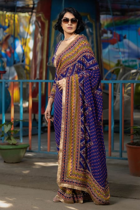 Buy_Irrau By Samir Mantri_Blue Georgette Sequins, Embroidery Round Neck Floral Print Saree With Blouse _Online_at_Aza_Fashions