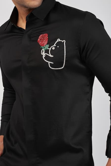 Sanjana Reddy Designs Black Cotton Embroidery Teddy And Rose Shirt Online at Aza Fashions Sanjana Reddy Designs_Black Cotton Embroidery Teddy And Rose Shirt _Online_at_Aza_Fashions