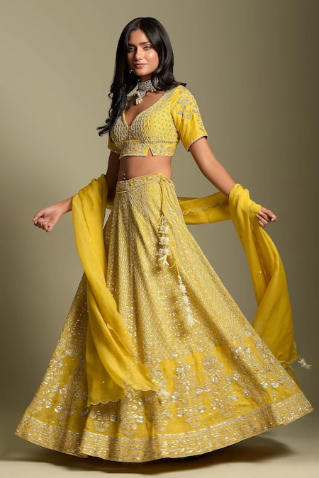 Two Sisters By Gyans Yellow Organza Aari Embroidered Lehenga Set Online at Aza Fashions Two Sisters By Gyans_Yellow Organza Aari Embroidered Lehenga Set_Online_at_Aza_Fashions
