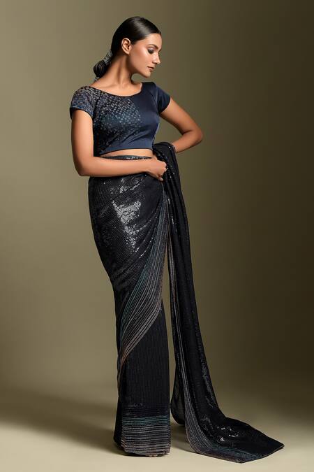 Two Sisters By Gyans_Black Georgette And Satin Sequins Round Embellished Sheeting Saree With Blouse _Online_at_Aza_Fashions
