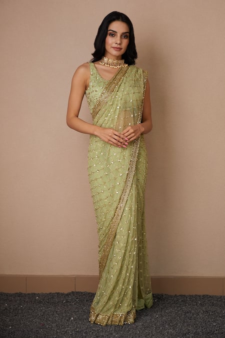 Astha Narang Green Net, Crepe Sequins Scoop Neck Checkered Embroidered Saree With Blouse Online at Aza Fashions Astha Narang_Green Net, Crepe Sequins Scoop Neck Checkered Embroidered Saree With Blouse _Online_at_Aza_Fashions