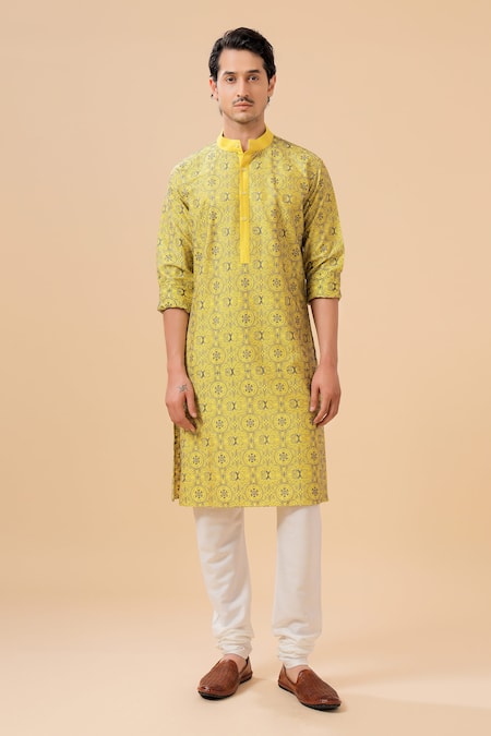 Raghavendra Rathore Blue_Yellow Silk Embroidery Floral Mandala Kurta _Online_at_Aza_Fashions