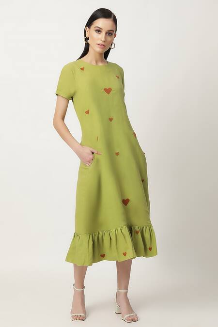 Musal_Green Cotton, Linen Embroidery Round Neck Litzy Heart Midi Dress_Online_at_Aza_Fashions