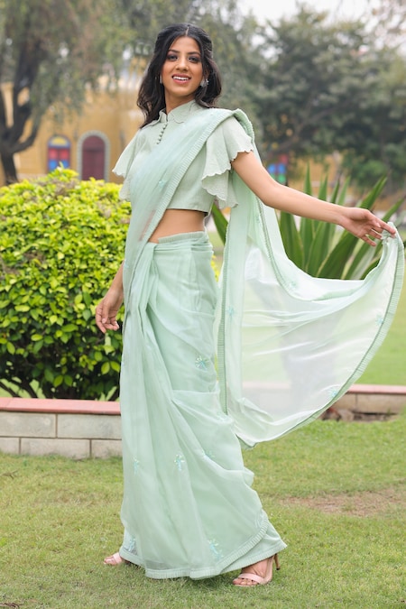 Green & Off White Color Printed Saree This Has Floral Print Lace Border  Work, This Saree Made From Bhagalpuri Silk Fabric