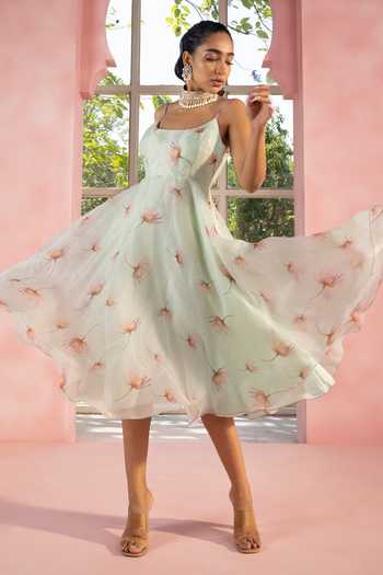 Buy Blue Organza Printed Watercolor Tulip Scoop Neck Sayuri Dress 