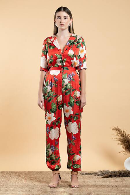 Divi by sonal khandelwal_Red Modal, Satin, Viscose Collared Wild Rose Print Jumpsuit _Online_at_Aza_Fashions
