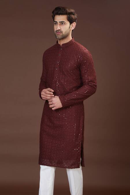 Kasbah_Wine Georgette Sequins And Chikankari Work Kurta_Online_at_Aza_Fashions