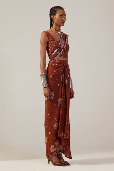 Amka Brown Crepe Embroidery Round Neck Mufti Printed Pre-draped Saree With Blouse Online at Aza Fashions Amka_Brown Crepe Embroidery Round Neck Mufti Printed Pre-draped Saree With Blouse_Online_at_Aza_Fashions