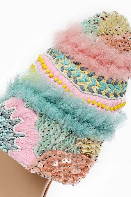 Miar Designs_Blue Thread And Sequins Zunaira Frill Embellished Mules_Online_at_Aza_Fashions