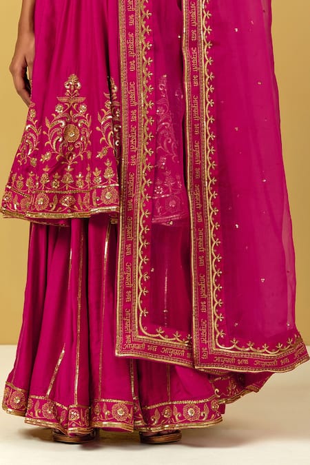 Ikshita Choudhary_Magenta Muslin, Silk, Organza Embroidery, Sequins Floral Anarkali Sharara Set _Online_at_Aza_Fashions