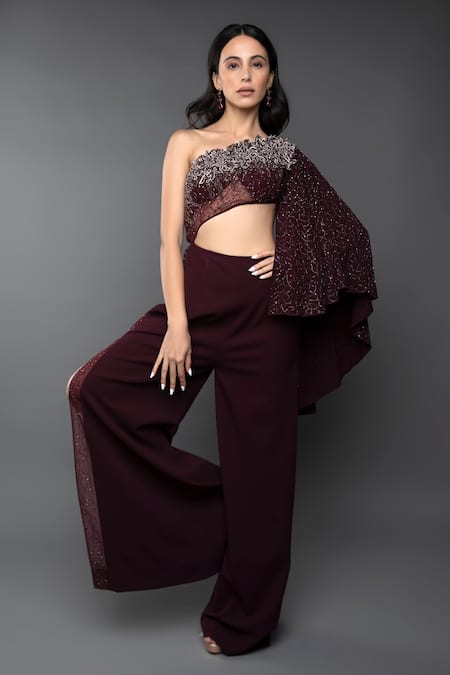 Anjum Qureshi_Wine Double Georgette Embroidery Sequin Asymmetric One Shoulder Jumpsuit _Online_at_Aza_Fashions