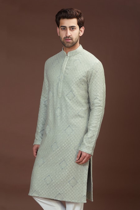 Kasbah_Grey Georgette Embroidery Chikankari Kurta Set _Online_at_Aza_Fashions