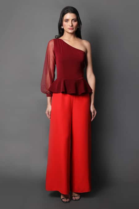 Swatee Singh_Red Crepe One Shoulder Color Blocked Jumpsuit _Online_at_Aza_Fashions